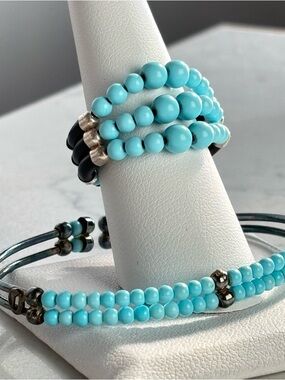 925 Silver Turquoise Color Bead Ring & Bracelet Set Native Style Adjustable Wide
